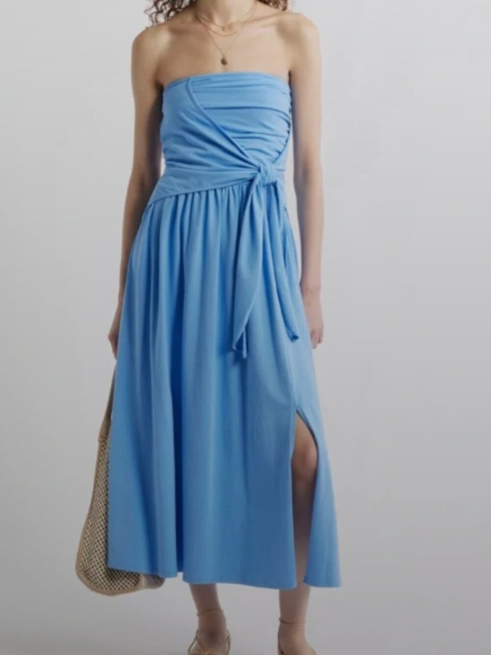 Treasure & Bond Strapless Sky Blue Wrap Midi Dress with Side Slit